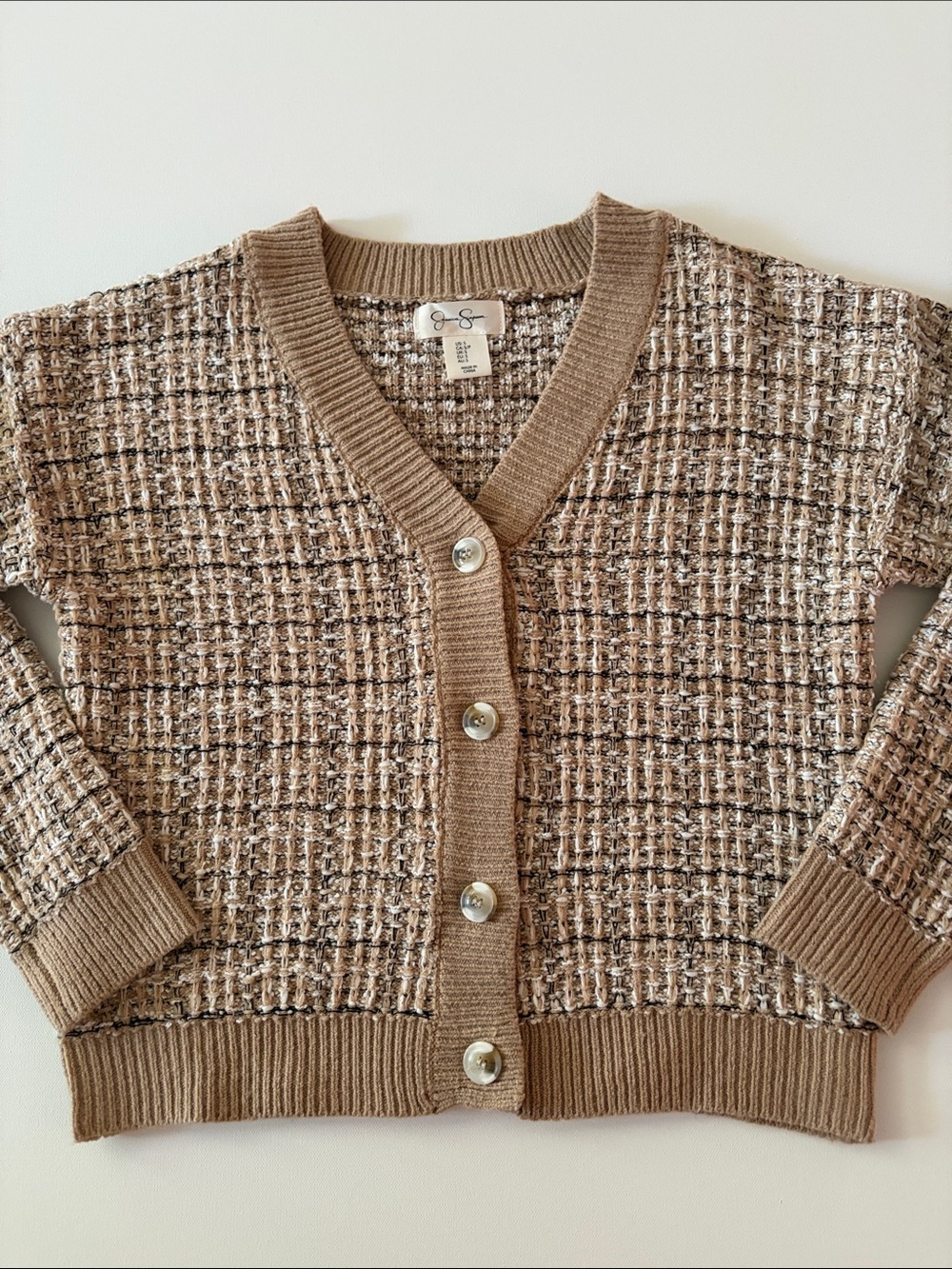 JESSICA SIMPSON TWEED KNIT CARDIGAN NEUTRAL CROPPED BUTTON SWEATER SIZE SMALL
